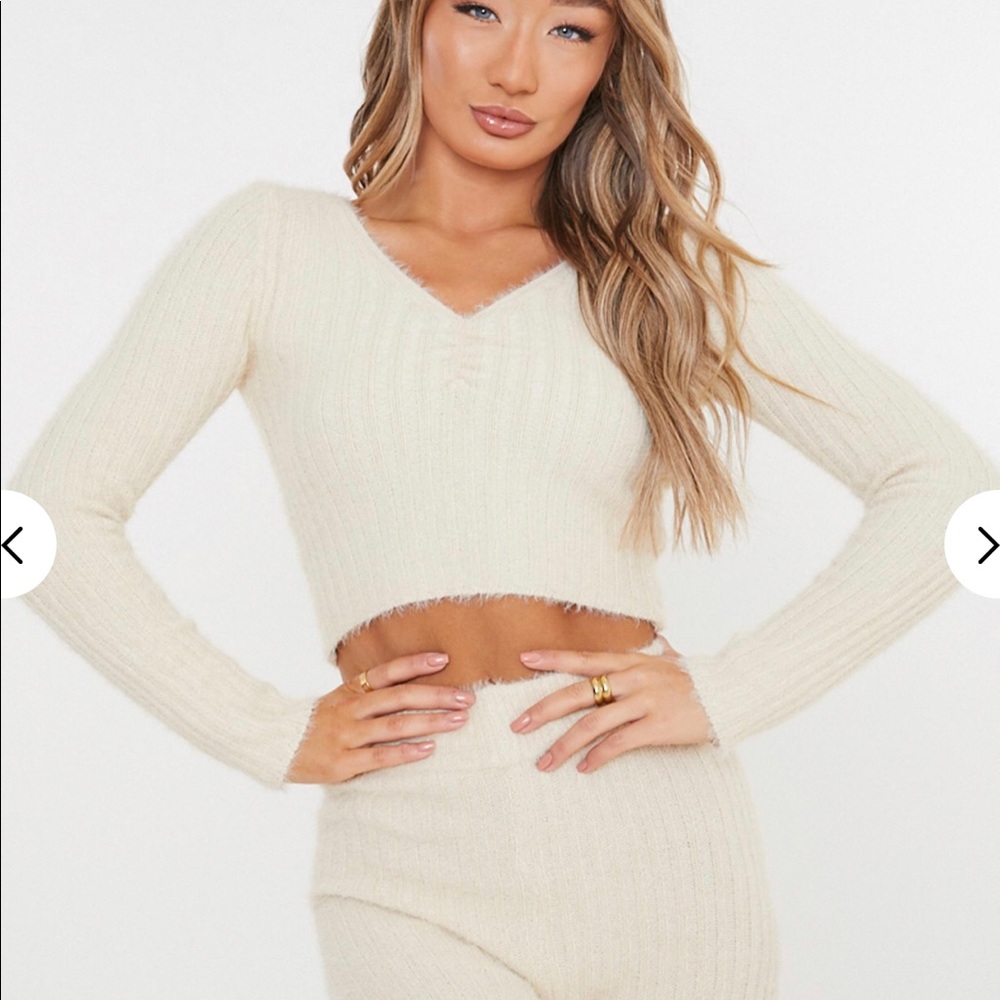 Stone Co ord Fluffy Ribbed Long Sleeve Knitted Top